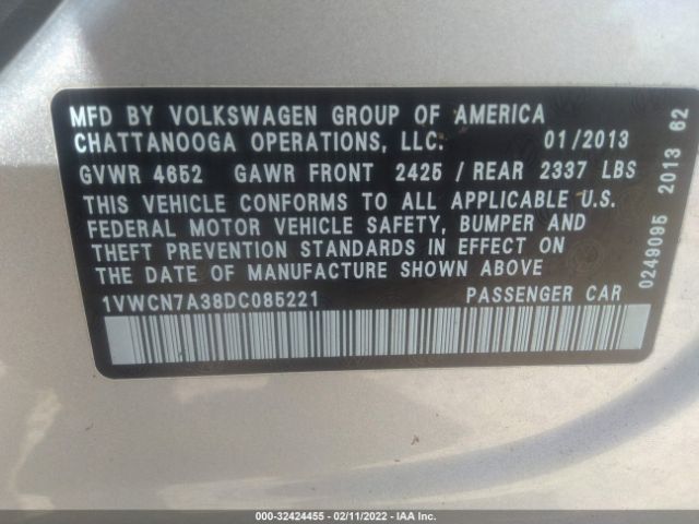 Photo 8 VIN: 1VWCN7A38DC085221 - VOLKSWAGEN PASSAT 