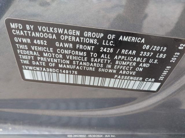 Photo 8 VIN: 1VWCN7A38DC149175 - VOLKSWAGEN PASSAT 