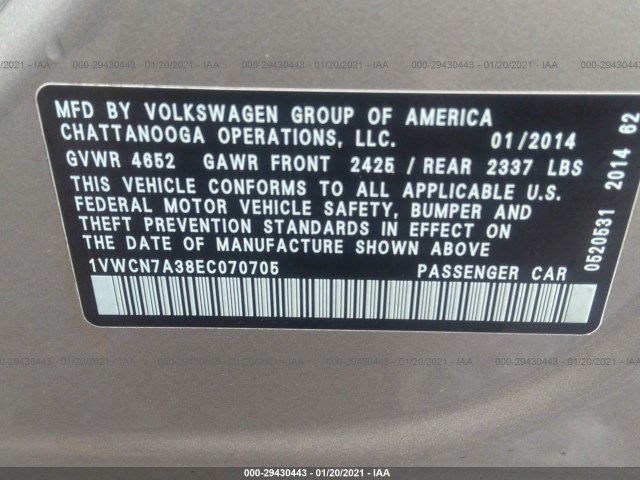 Photo 8 VIN: 1VWCN7A38EC070705 - VOLKSWAGEN PASSAT 