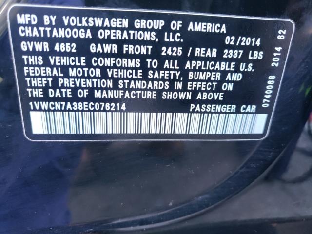 Photo 9 VIN: 1VWCN7A38EC076214 - VOLKSWAGEN PASSAT 