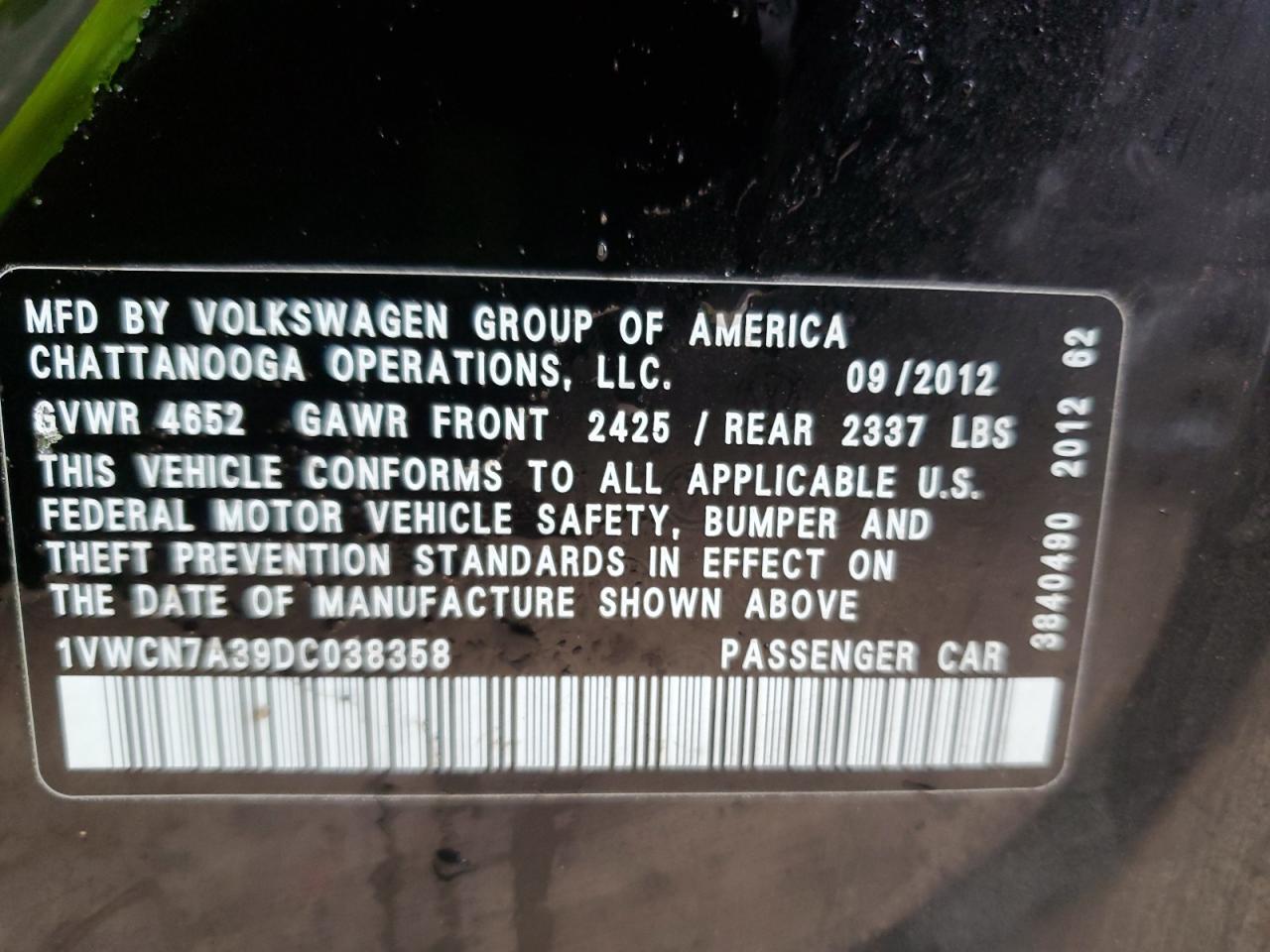 Photo 12 VIN: 1VWCN7A39DC038358 - VOLKSWAGEN PASSAT 