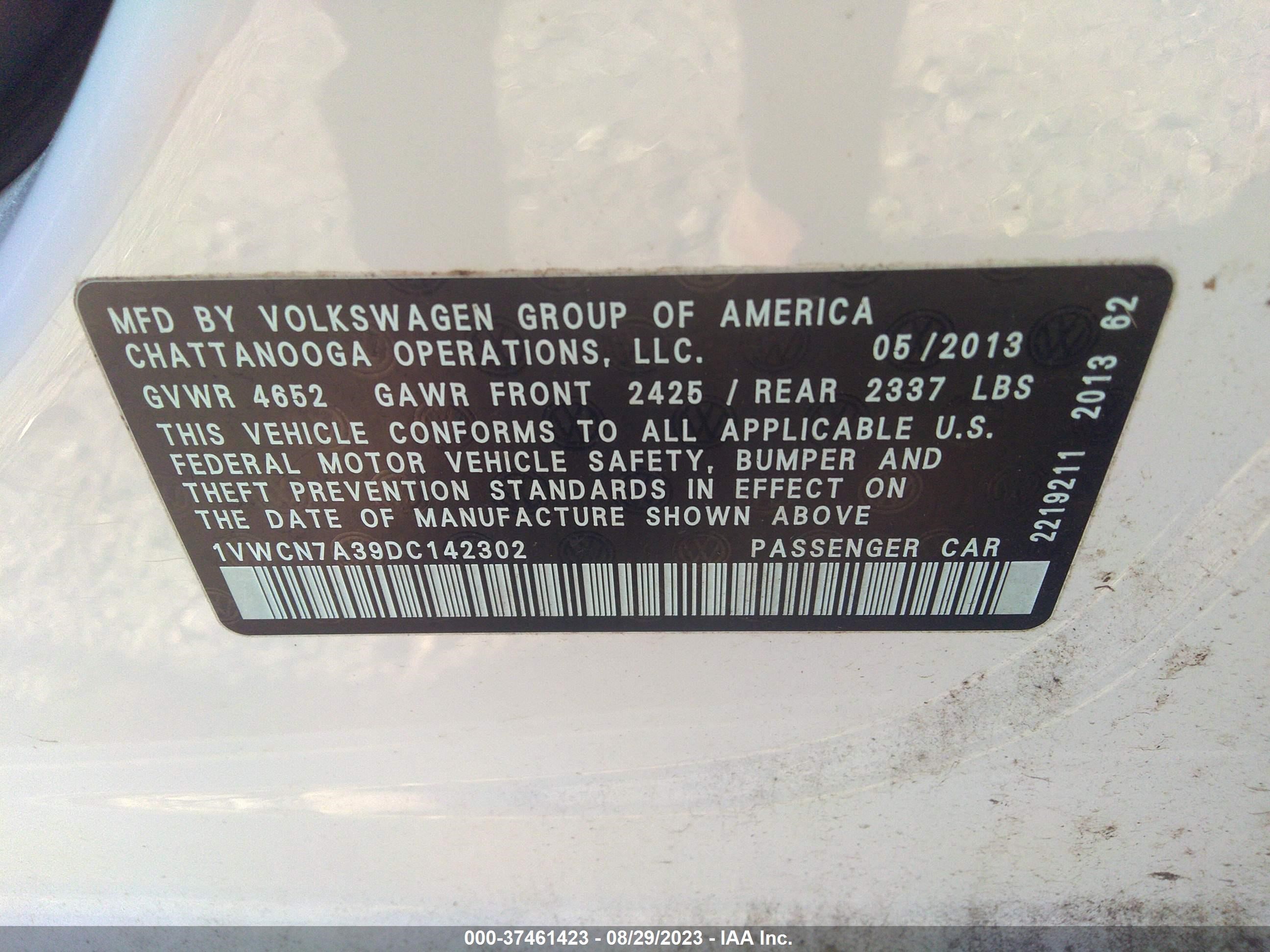 Photo 8 VIN: 1VWCN7A39DC142302 - VOLKSWAGEN PASSAT 