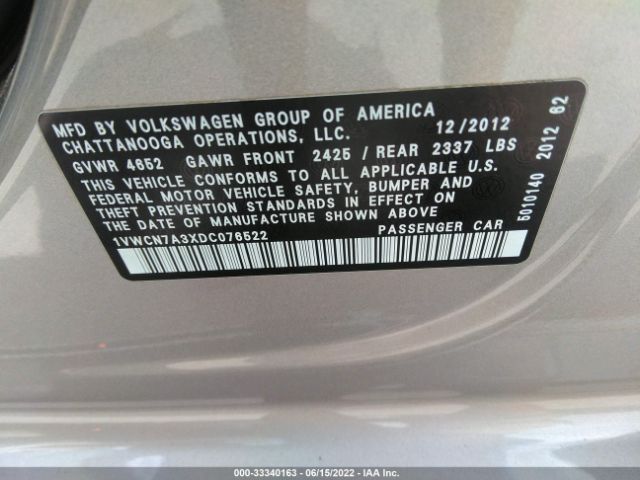 Photo 8 VIN: 1VWCN7A3XDC076522 - VOLKSWAGEN PASSAT SEL 