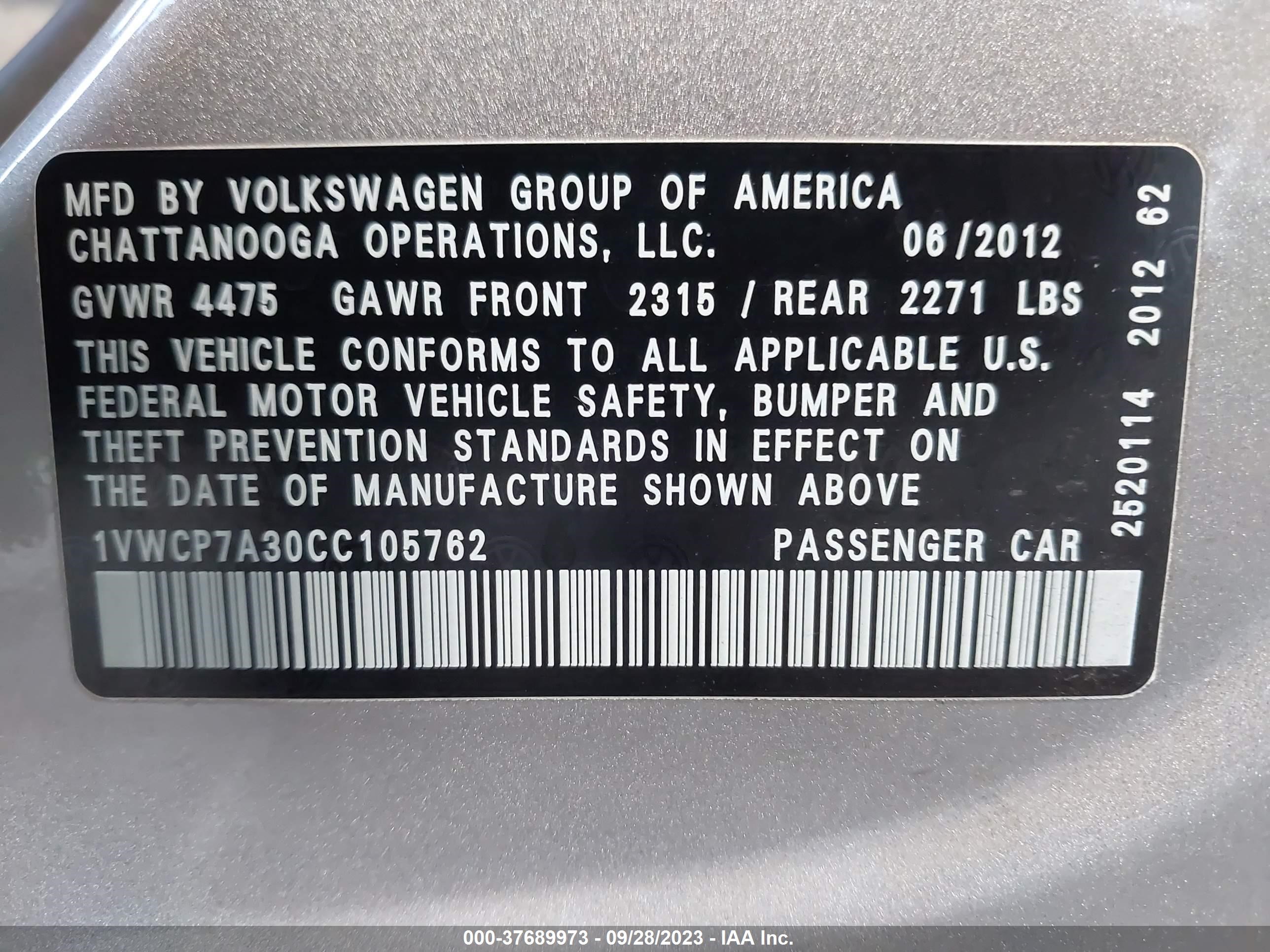 Photo 8 VIN: 1VWCP7A30CC105762 - VOLKSWAGEN PASSAT 