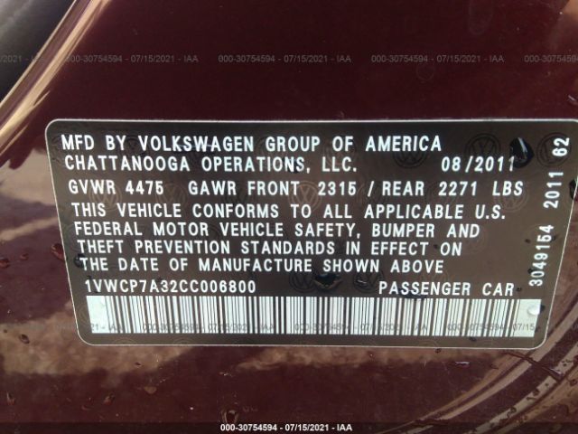 Photo 8 VIN: 1VWCP7A32CC006800 - VOLKSWAGEN PASSAT 