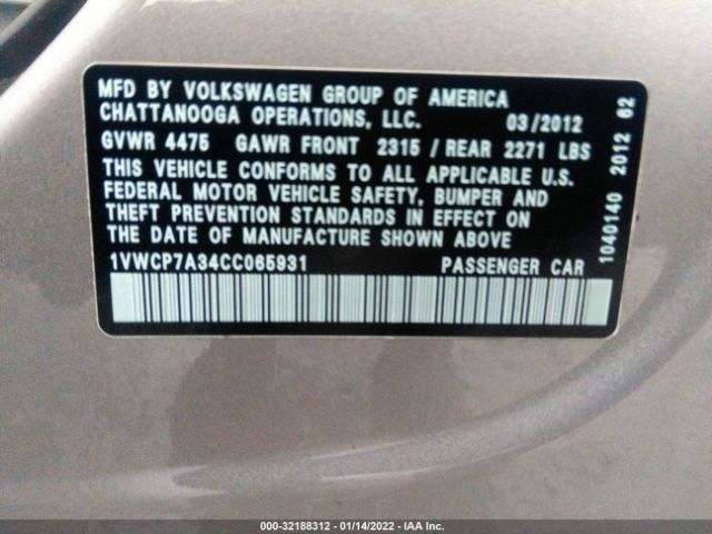 Photo 8 VIN: 1VWCP7A34CC065931 - VOLKSWAGEN PASSAT 