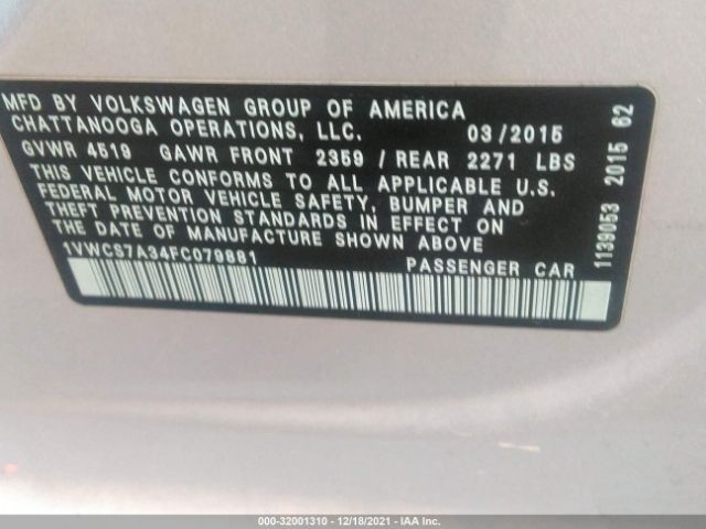 Photo 8 VIN: 1VWCS7A34FC079881 - VOLKSWAGEN PASSAT 