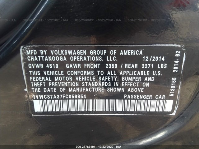 Photo 8 VIN: 1VWCS7A37FC056854 - VOLKSWAGEN PASSAT 