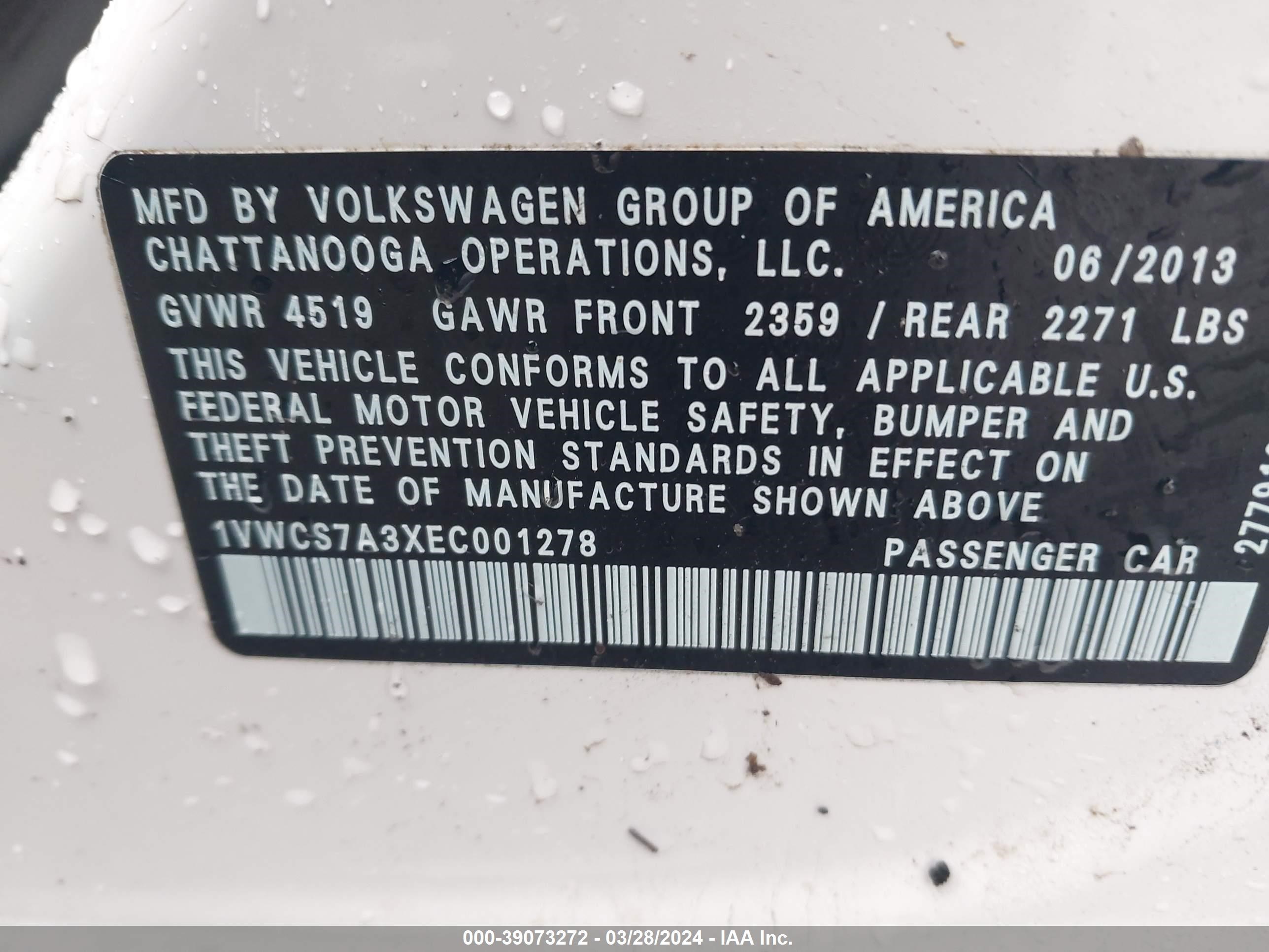 Photo 8 VIN: 1VWCS7A3XEC001278 - VOLKSWAGEN PASSAT 