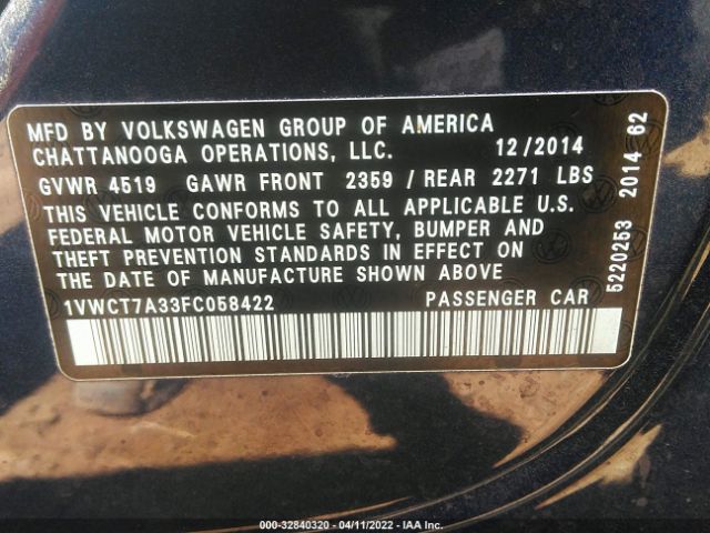 Photo 8 VIN: 1VWCT7A33FC058422 - VOLKSWAGEN PASSAT 