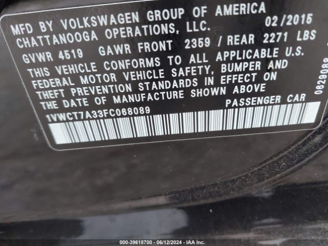 Photo 8 VIN: 1VWCT7A33FC068089 - VOLKSWAGEN PASSAT 