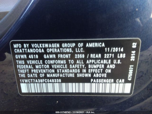 Photo 8 VIN: 1VWCT7A38FC048338 - VOLKSWAGEN PASSAT 