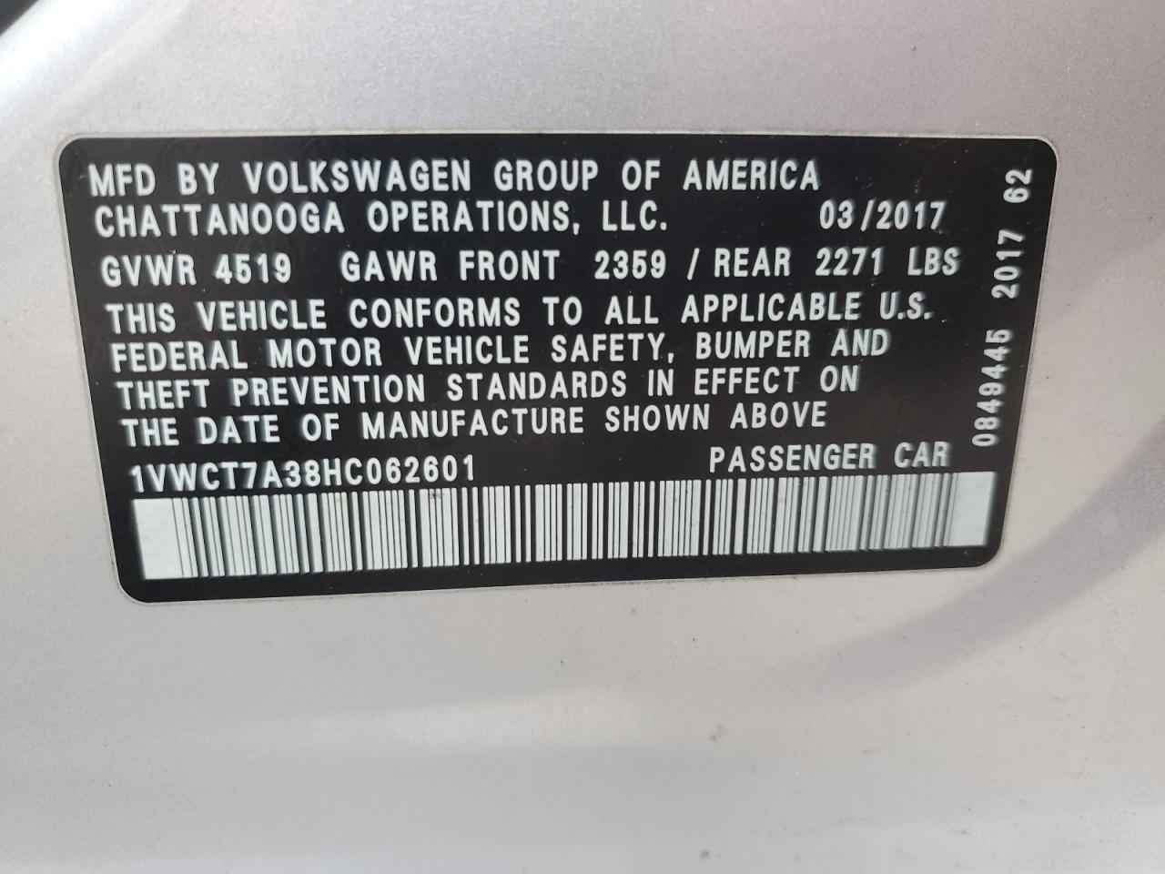 Photo 11 VIN: 1VWCT7A38HC062601 - VOLKSWAGEN PASSAT 