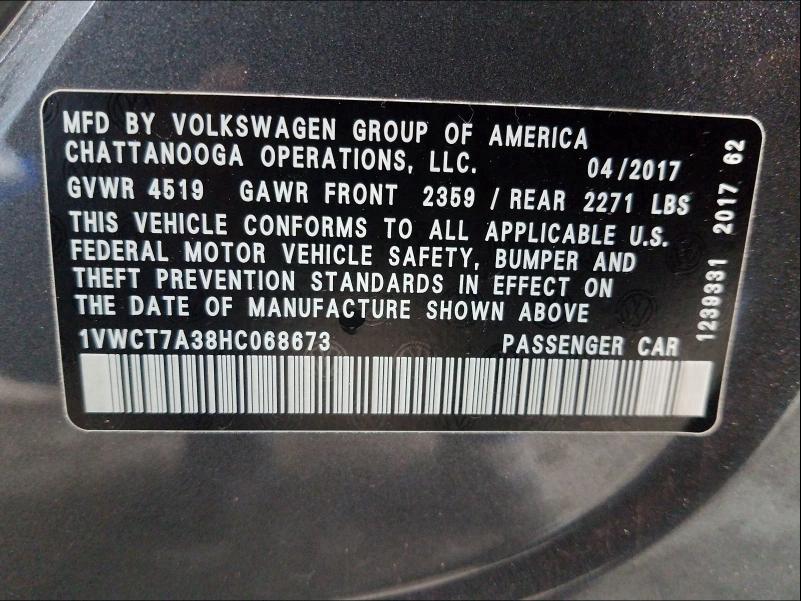 Photo 9 VIN: 1VWCT7A38HC068673 - VOLKSWAGEN PASSAT 