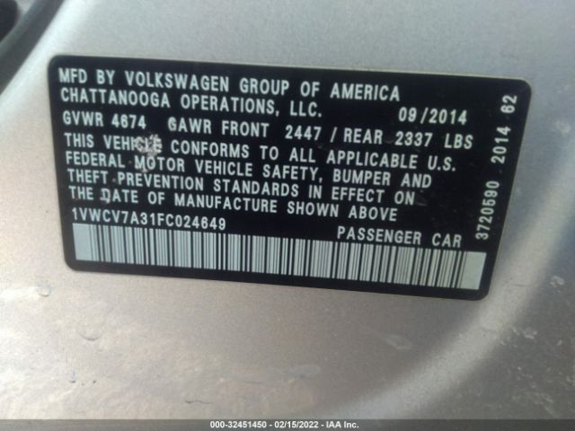 Photo 8 VIN: 1VWCV7A31FC024649 - VOLKSWAGEN PASSAT 