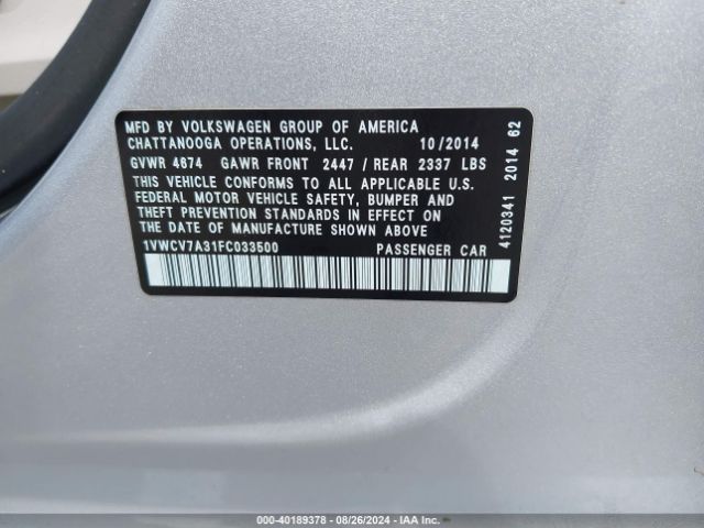 Photo 8 VIN: 1VWCV7A31FC033500 - VOLKSWAGEN PASSAT 