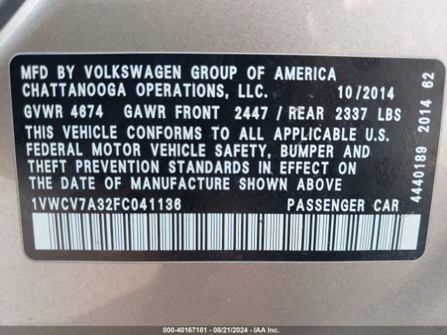 Photo 8 VIN: 1VWCV7A32FC041136 - VOLKSWAGEN PASSAT 