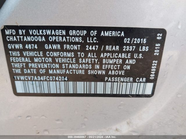 Photo 8 VIN: 1VWCV7A34FC074204 - VOLKSWAGEN PASSAT 