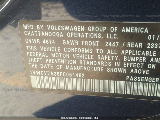 Photo 8 VIN: 1VWCV7A35FC061462 - VOLKSWAGEN PASSAT 