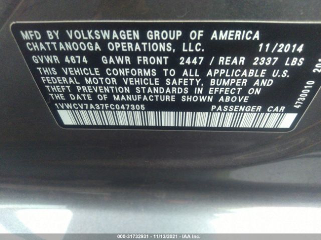 Photo 8 VIN: 1VWCV7A37FC047305 - VOLKSWAGEN PASSAT 