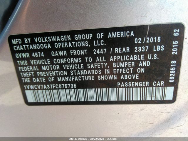 Photo 8 VIN: 1VWCV7A37FC075735 - VOLKSWAGEN PASSAT 