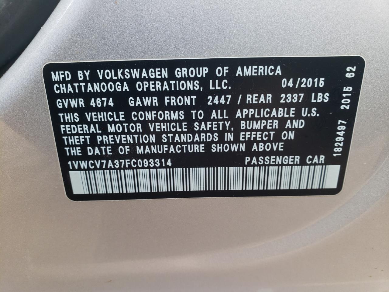 Photo 12 VIN: 1VWCV7A37FC093314 - VOLKSWAGEN PASSAT 