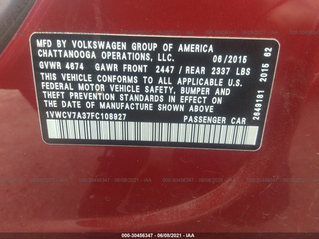 Photo 8 VIN: 1VWCV7A37FC108927 - VOLKSWAGEN PASSAT 