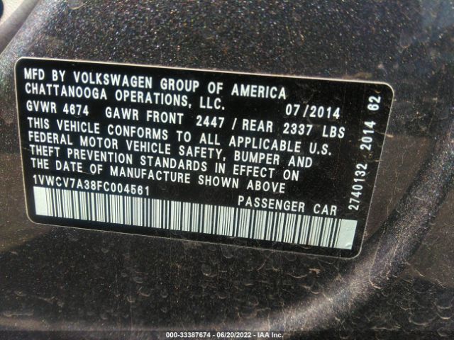 Photo 8 VIN: 1VWCV7A38FC004561 - VOLKSWAGEN PASSAT 