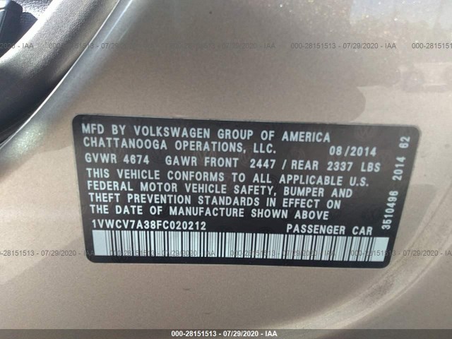 Photo 8 VIN: 1VWCV7A38FC020212 - VOLKSWAGEN PASSAT 