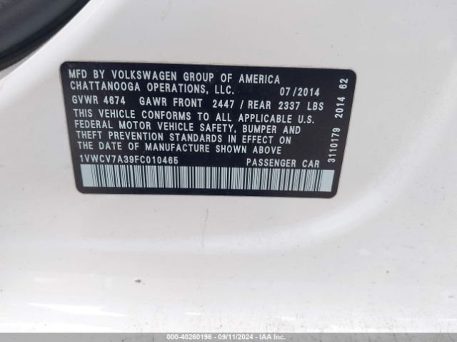 Photo 8 VIN: 1VWCV7A39FC010465 - VOLKSWAGEN PASSAT 