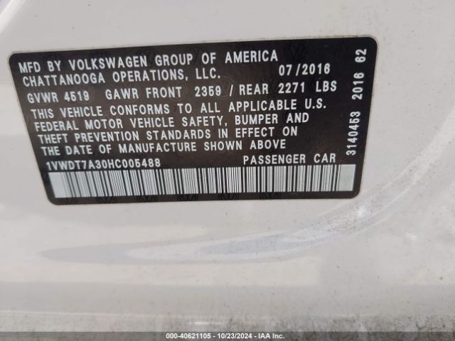 Photo 8 VIN: 1VWDT7A30HC005488 - VOLKSWAGEN PASSAT 