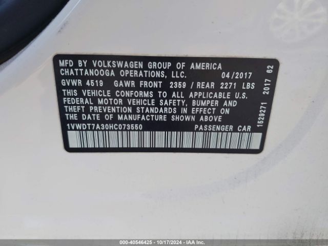 Photo 8 VIN: 1VWDT7A30HC073550 - VOLKSWAGEN PASSAT 