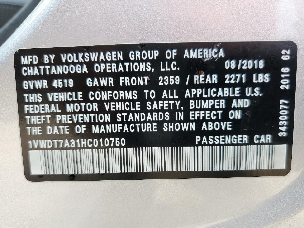 Photo 11 VIN: 1VWDT7A31HC010750 - VOLKSWAGEN PASSAT 