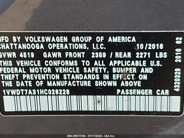 Photo 8 VIN: 1VWDT7A31HC028228 - VOLKSWAGEN PASSAT 