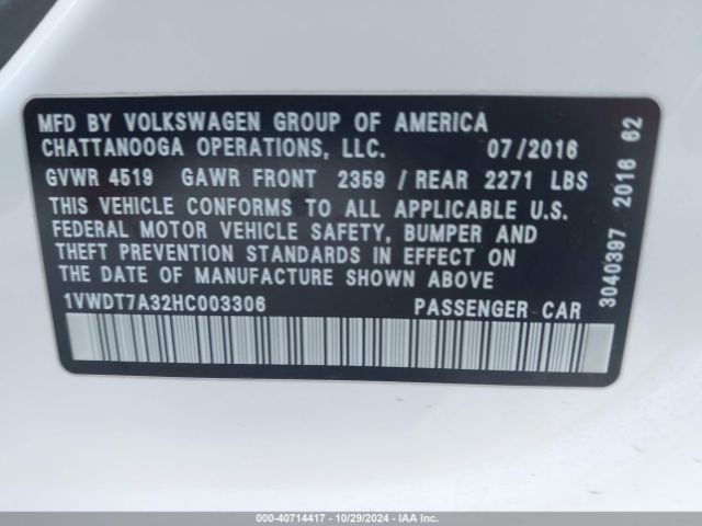 Photo 8 VIN: 1VWDT7A32HC003306 - VOLKSWAGEN PASSAT 