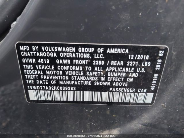 Photo 8 VIN: 1VWDT7A32HC039383 - VOLKSWAGEN PASSAT 