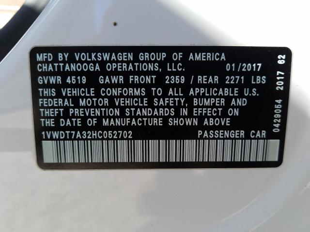 Photo 9 VIN: 1VWDT7A32HC052702 - VOLKSWAGEN PASSAT 