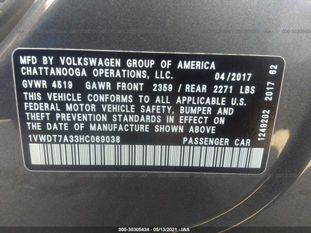 Photo 8 VIN: 1VWDT7A33HC069038 - VOLKSWAGEN PASSAT 