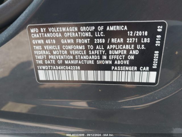 Photo 8 VIN: 1VWDT7A34HC042236 - VOLKSWAGEN PASSAT 