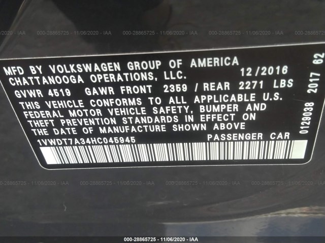 Photo 8 VIN: 1VWDT7A34HC045945 - VOLKSWAGEN PASSAT 