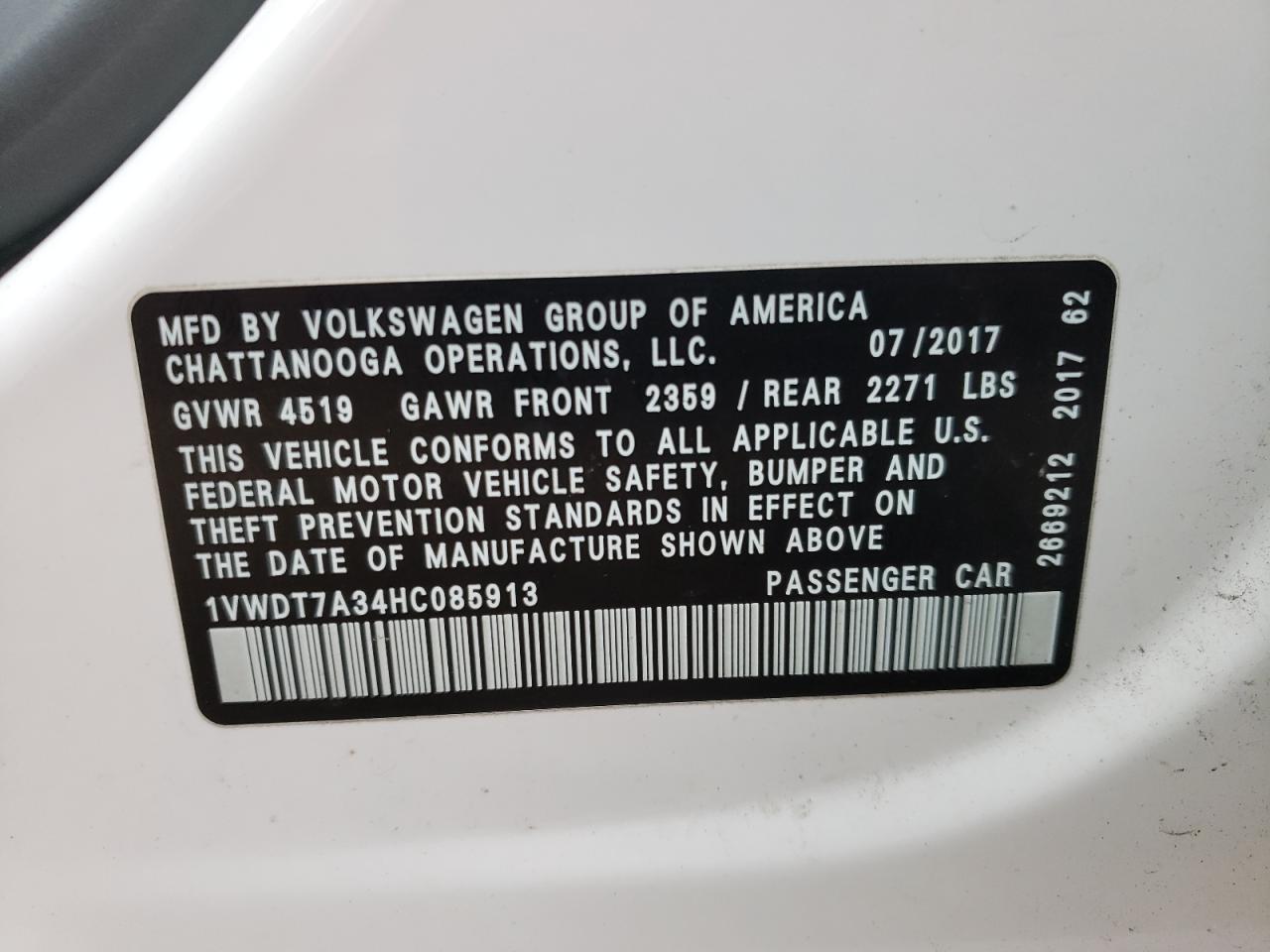 Photo 9 VIN: 1VWDT7A34HC085913 - VOLKSWAGEN PASSAT 