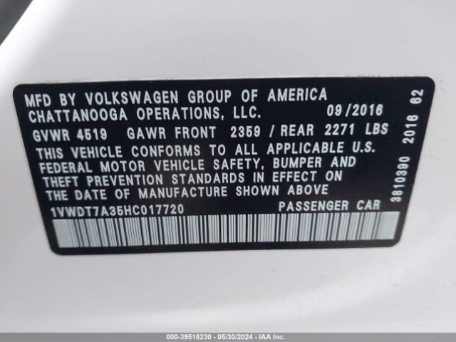 Photo 8 VIN: 1VWDT7A35HC017720 - VOLKSWAGEN PASSAT 