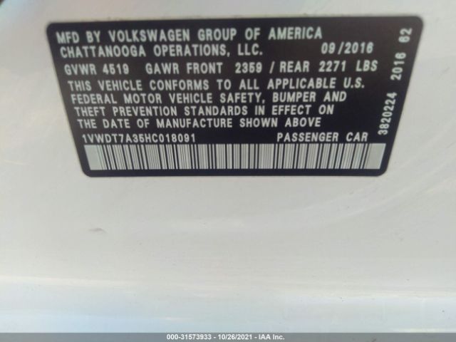 Photo 8 VIN: 1VWDT7A35HC018091 - VOLKSWAGEN PASSAT 