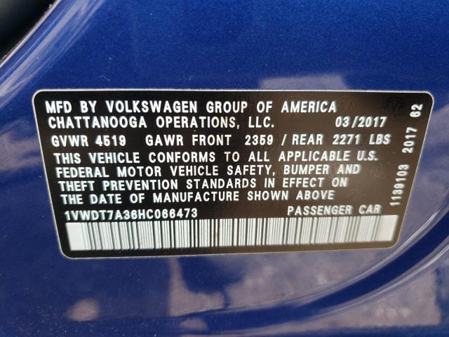 Photo 9 VIN: 1VWDT7A36HC066473 - VOLKSWAGEN PASSAT 