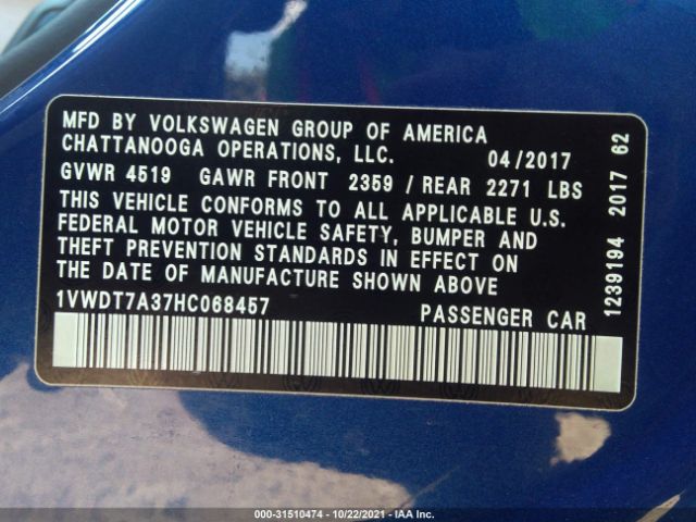 Photo 8 VIN: 1VWDT7A37HC068457 - VOLKSWAGEN PASSAT 