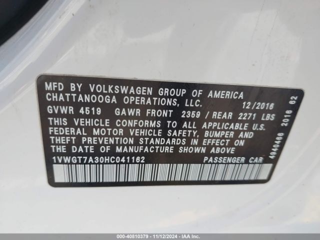 Photo 8 VIN: 1VWGT7A30HC041162 - VOLKSWAGEN PASSAT 