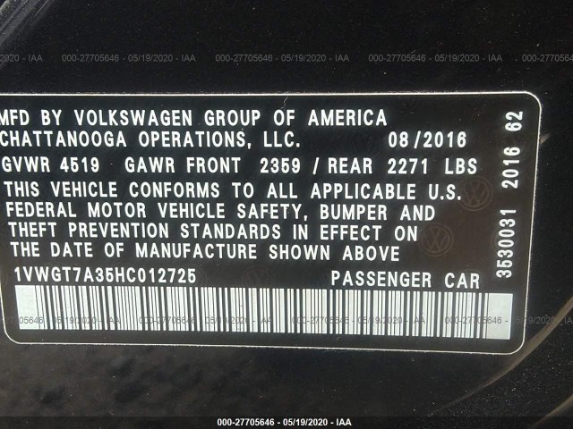 Photo 8 VIN: 1VWGT7A35HC012725 - VOLKSWAGEN PASSAT 