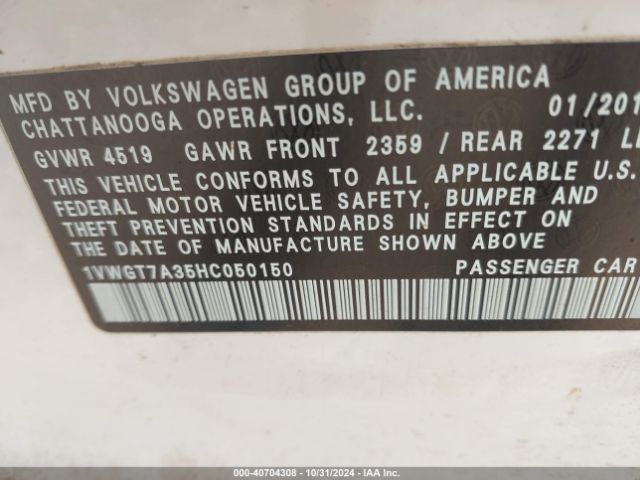 Photo 8 VIN: 1VWGT7A35HC050150 - VOLKSWAGEN PASSAT 