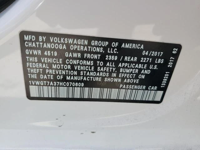 Photo 11 VIN: 1VWGT7A37HC070609 - VOLKSWAGEN PASSAT 