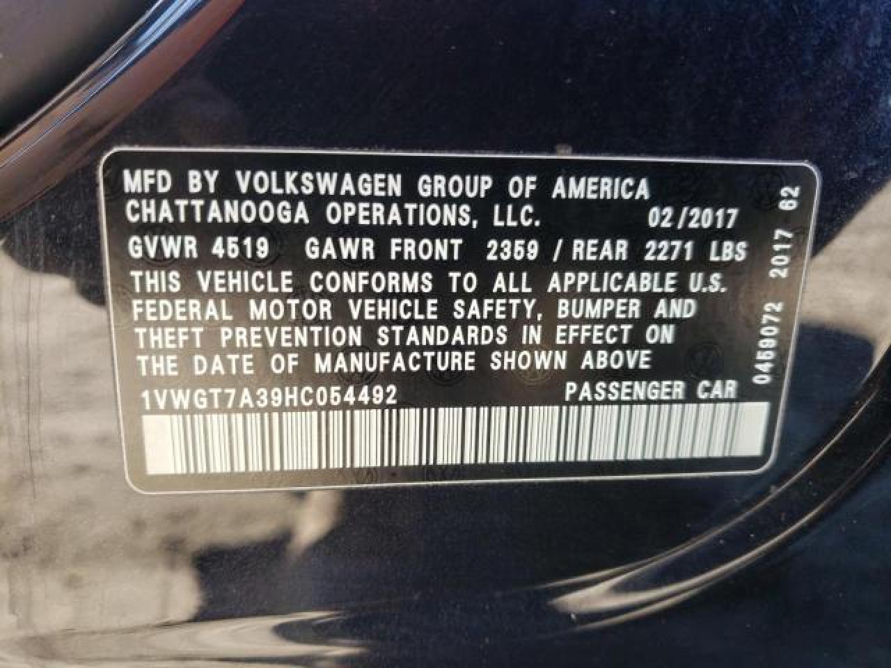 Photo 11 VIN: 1VWGT7A39HC054492 - VOLKSWAGEN PASSAT 